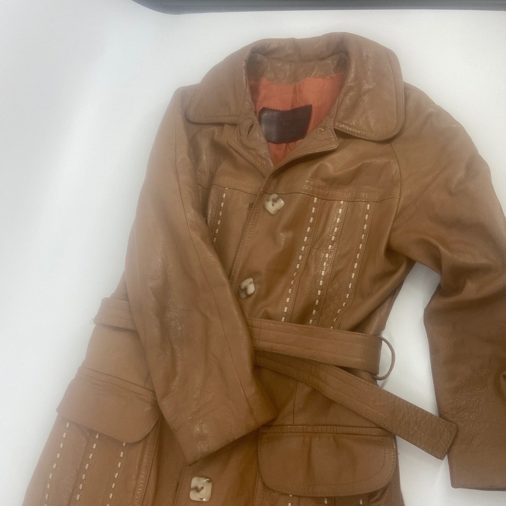 Vintage 24K Tan Leather Trench Coat‎ Belted Double Breasted Stitch Detail Small